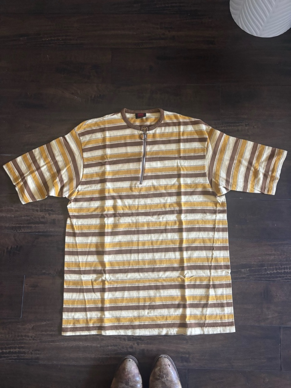 60s Hanes Men's Striped Quarter Zip Tee - Yellow Brown